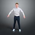 Man In White Shirt And Dark Pants Standing With Arms Outstretched Against Gray Background