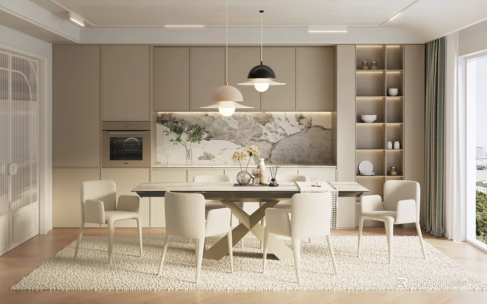 Modern Restaurant Interior With Open Layout Dining Table Chairs And Pendant Lights 3d model