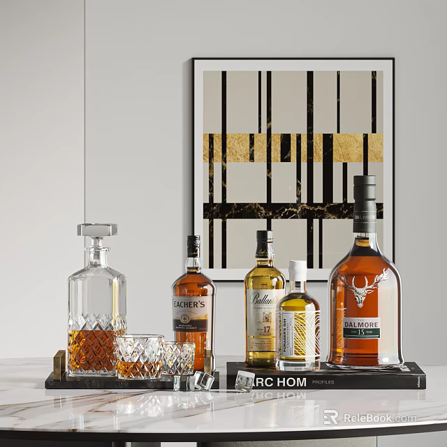 Elegant Liquor Bottles and Crystal Glasses on Stylish Tray with Modern Art Background 3d model 
