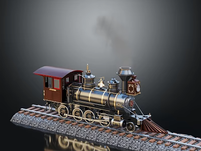 Model Steam Train With Red Roof Black Silver Body On Railway Track Dark Background 3d model