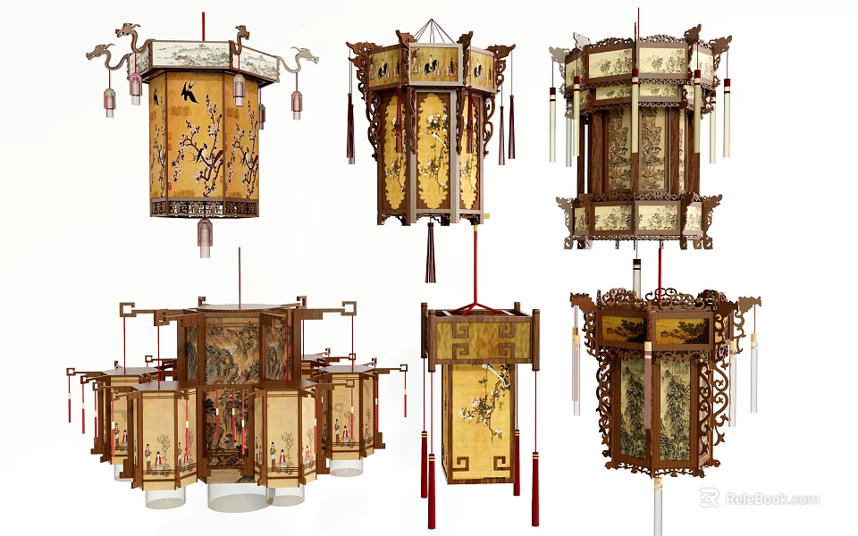 Traditional Chinese Lanterns Featuring Ornate Designs Decorative Patterns Tassels And Hanging Styles 3d model 