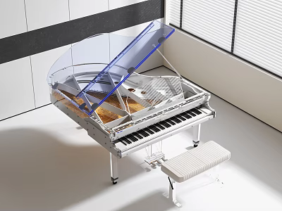 Clear Acrylic Grand Piano Musical Instrument In Modern Interior With White Bench 3d model