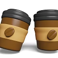 Household Coffee Cups Featuring Brown Body Black Lids And Yellow Sleeves With Coffee Bean Designs
