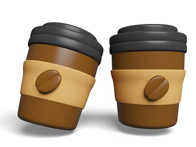 Household Coffee Cups Featuring Brown Body Black Lids And Yellow Sleeves With Coffee Bean Designs 3d model