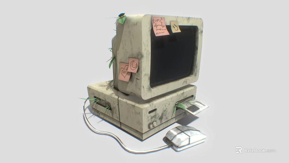 Vintage Worn Out Computer Desktop With Monitor Mouse Sticky Notes And Growing Vines 3d model 