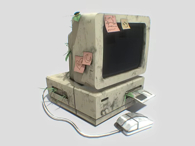 Vintage Worn Out Computer Desktop With Monitor Mouse Sticky Notes And Growing Vines 3d model