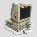 Vintage Worn Out Computer Desktop With Monitor Mouse Sticky Notes And Growing Vines