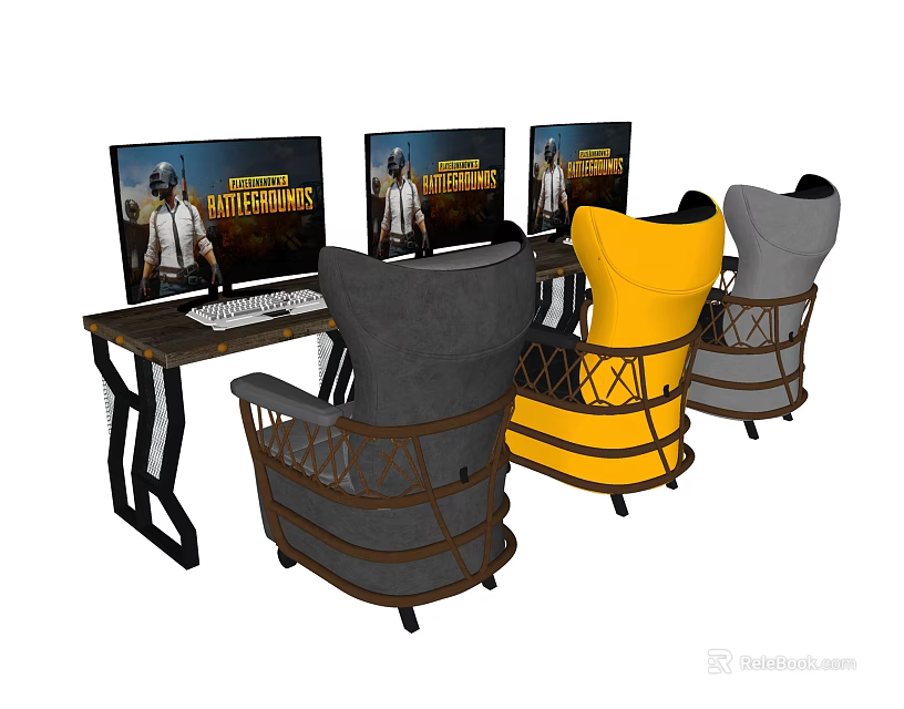 Modern Workstation Desk With Three Monitors And Yellow Gray Chairs Setup 3d model 