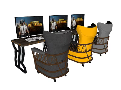 Modern Workstation Desk With Three Monitors And Yellow Gray Chairs Setup 3d model