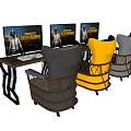 Modern Workstation Desk With Three Monitors And Yellow Gray Chairs Setup