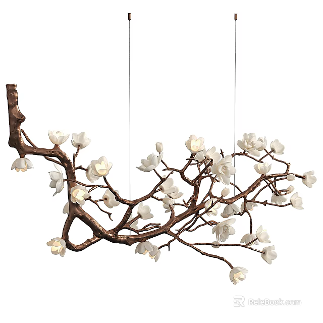 Unique Shaped Branch Chandelier with White Flower Ornaments for Artistic Home 3d model 