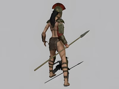 Back View Of Woman Wearing Spartan Armor Holding Long Spear In Battle Stance 3d model Back View Of Woman Wearing Spartan Armor Holding Long Spear In Battle Stance 3d model