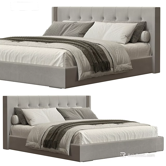 Modern Double Bed with Gray Headboard White Sheets Gray Pillows and Dark Throw Blanket 3d model
