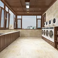 Spacious Laundry Room With Wooden Cabinets Washing Machines And City View Through Windows