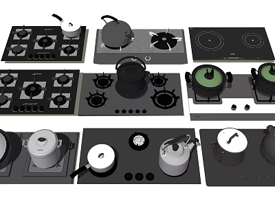 Diverse Kitchen Appliances Showcasing Various Gas Electric Stoves and Cooking Pots Pans 3d model