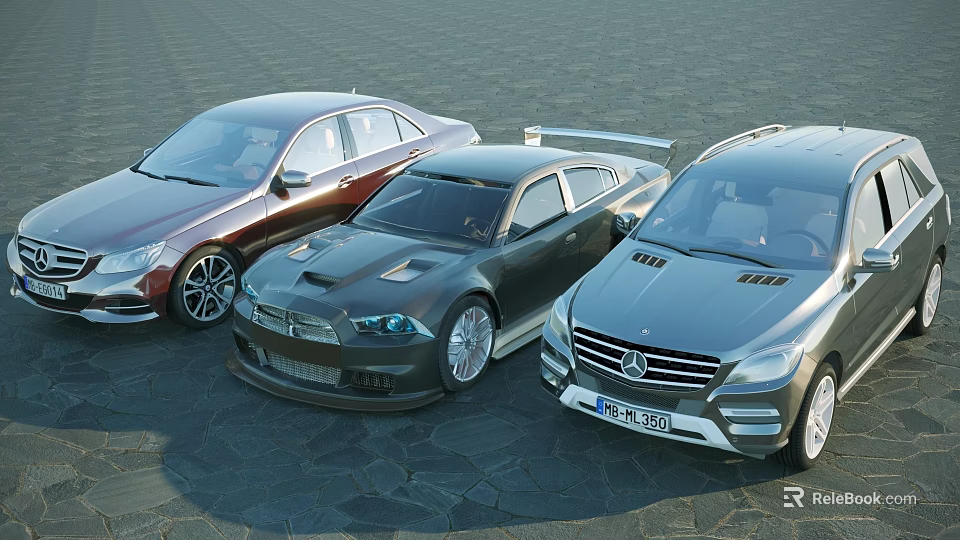 Three Stylish Sedans In Red Black Gray Colors Parked On Stone Pavement Surface 3d model 