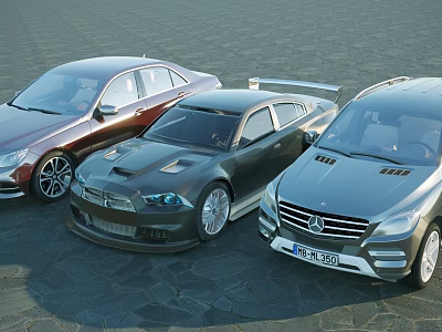 Three Stylish Sedans In Red Black Gray Colors Parked On Stone Pavement Surface 3d model