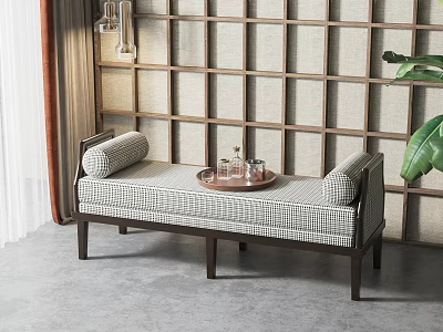 Upholstered Checkered Bench with Wooden Legs Tray Glassware Lattice Wall and Green Plant 3d model
