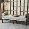 Upholstered Checkered Bench with Wooden Legs Tray Glassware Lattice Wall and Green Plant