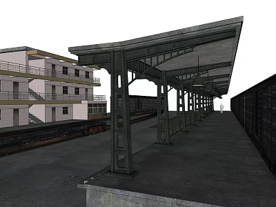 Old Style Train Station Platform With Canopy Columns And Building 3d model