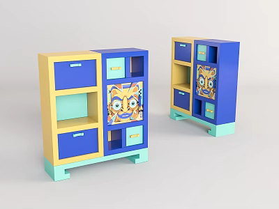 Colorful Console Cabinet And Side Cabinet With Yellow Blue Drawers Open Shelves And Cartoon Design 3d model