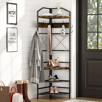 Modern Closet Interior Design With Metal Hooks Wooden Shelves And Hanging Clothes Bag Shoes 3d model