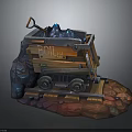 Vintage Mine Train Cart Loaded With Ore Rocks And Pickaxe On Rail Tracks
