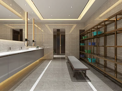 Modern Waiting Area With Gray Vanity Mirrors Wooden Metal Shelving Colorful Baskets And Bench 3d model
