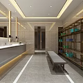 Modern Waiting Area With Gray Vanity Mirrors Wooden Metal Shelving Colorful Baskets And Bench