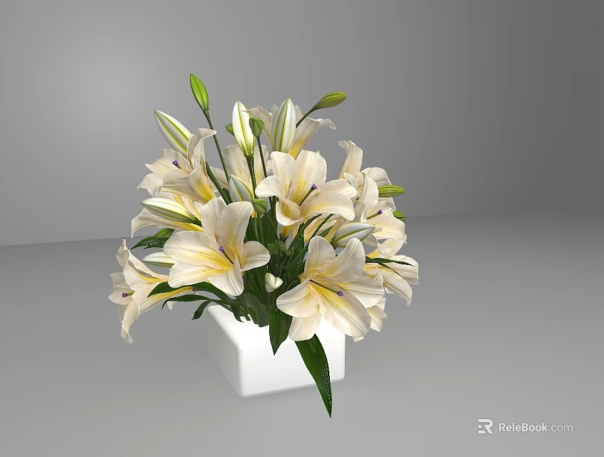 White Lily Bouquet in White Square Vase with Fresh Green Leaves and Unopened Buds 3d model 