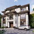 Modern Two Story Detached Villa Architecture With Large Windows Balcony And Surrounding Greenery