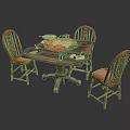 Rustic Wooden Dining Table With Four Chairs Plates And Food On Top