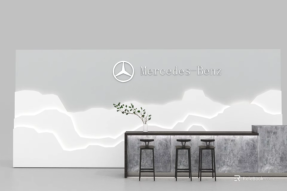 Mercedes-Benz Bar Counter With Black Stools Small Plant And Wavy Illuminated Wall 3d model 