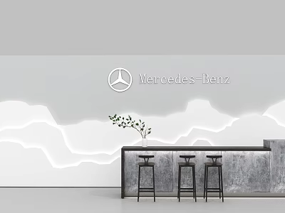 Mercedes-Benz Bar Counter With Black Stools Small Plant And Wavy Illuminated Wall 3d model