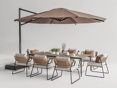 Modern Outdoor Dining Table With Brown Umbrella And Metal Frame Woven Chairs 3d model