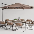 Modern Outdoor Dining Table With Brown Umbrella And Metal Frame Woven Chairs