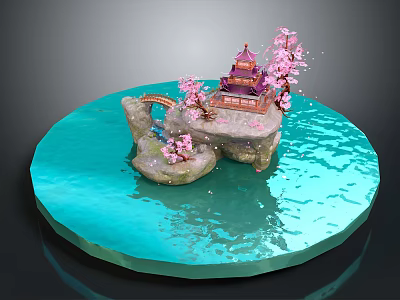 Traditional Asian Building Surrounded by Turquoise Water Pink Cherry Blossoms and Stone Bridge 3d model