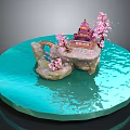 Traditional Asian Building Surrounded by Turquoise Water Pink Cherry Blossoms and Stone Bridge