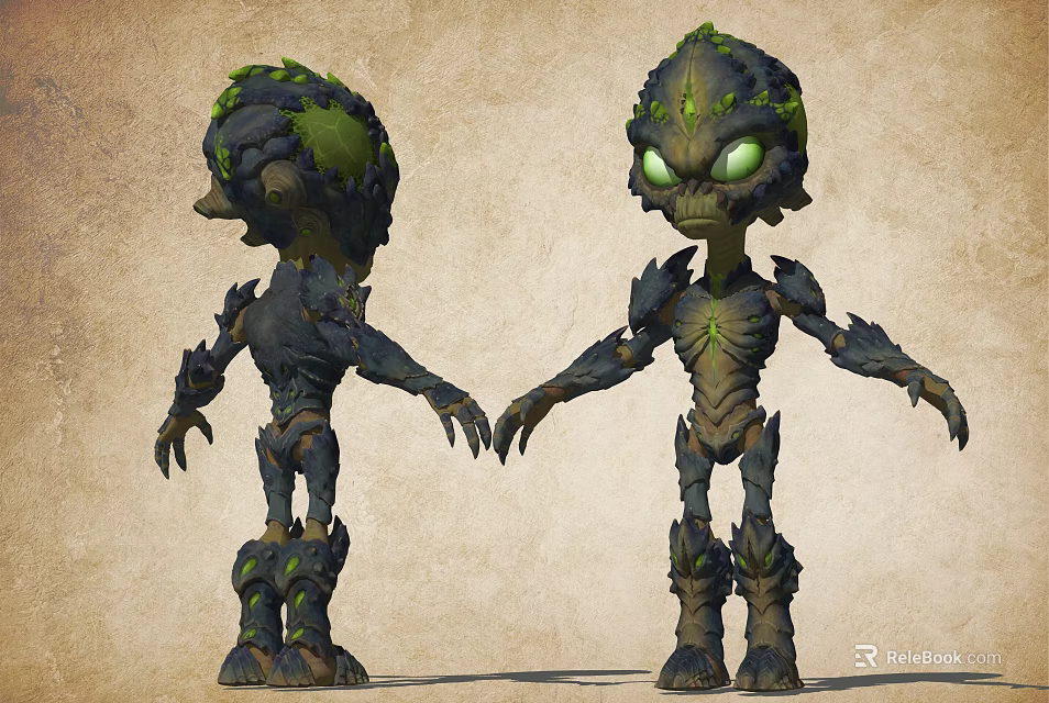 Game Movie Character Two Green Alien Plant Moss Skeleton Structure Standing Pose Design 3d model 
