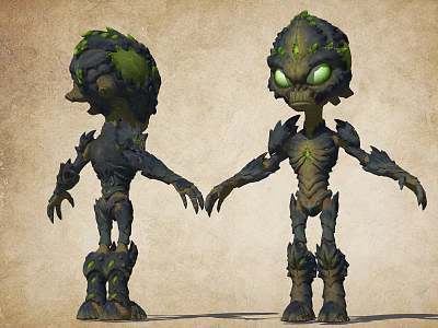 Game Movie Character Two Green Alien Plant Moss Skeleton Structure Standing Pose Design 3d model