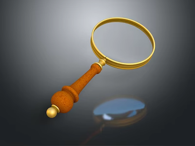 Classic Magnifying Glass Optical Equipment With Golden Frame Wooden Handle And Clear Reflection 3d model
