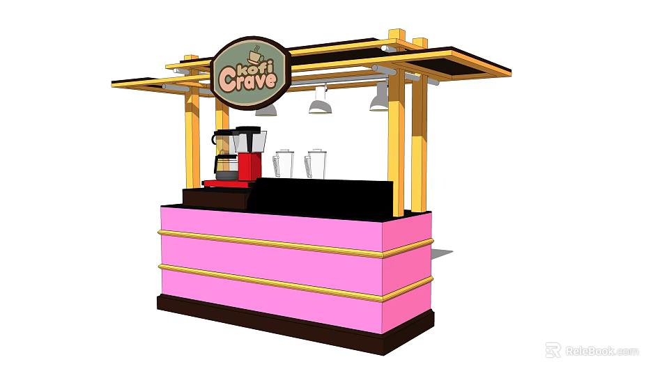 Cafe Chino Coffee Stand With Pink Counter Black Top And Coffee Machine 3d model 