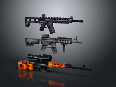 3D Rendered Pixel Style Weapons Three Different Types With Black Gray Orange On Gray Background 3d model