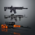3D Rendered Pixel Style Weapons Three Different Types With Black Gray Orange On Gray Background