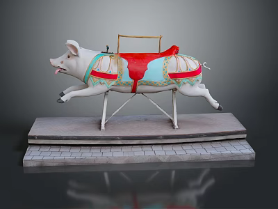 Decorative Pig Carousel Sculpture With Red Saddle Blue White Body Metal Frame And Stone Base 3d model
