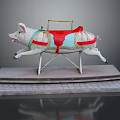 Decorative Pig Carousel Sculpture With Red Saddle Blue White Body Metal Frame And Stone Base
