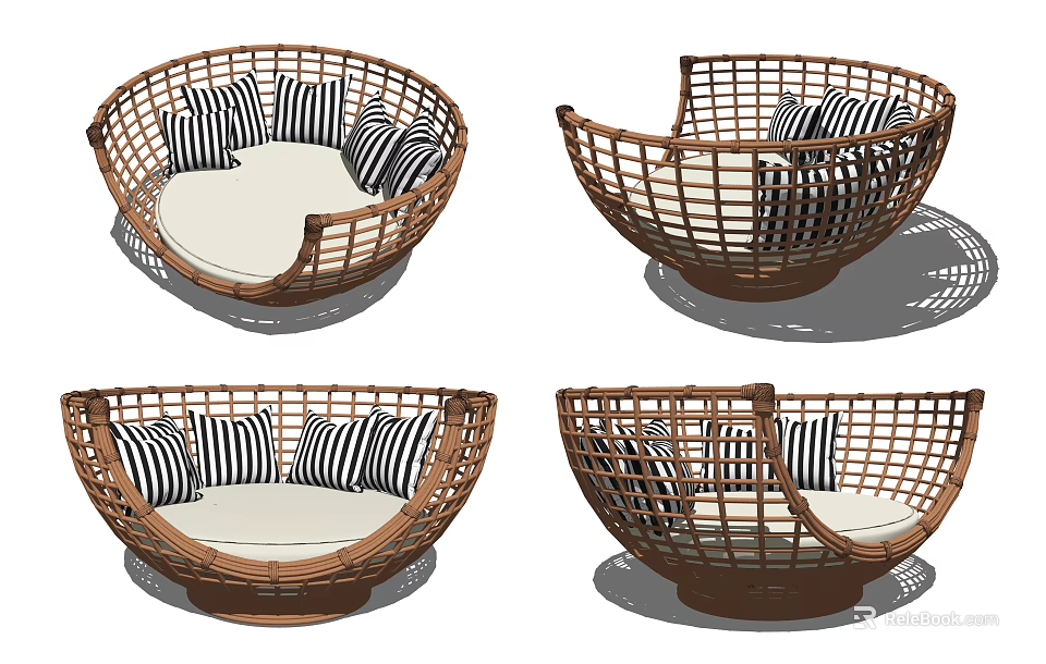 Rattan Round Outdoor Sofa With Black And White Striped Cushions And White Seat Cushion 3d model 