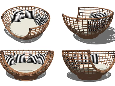 Rattan Round Outdoor Sofa With Black And White Striped Cushions And White Seat Cushion 3d model