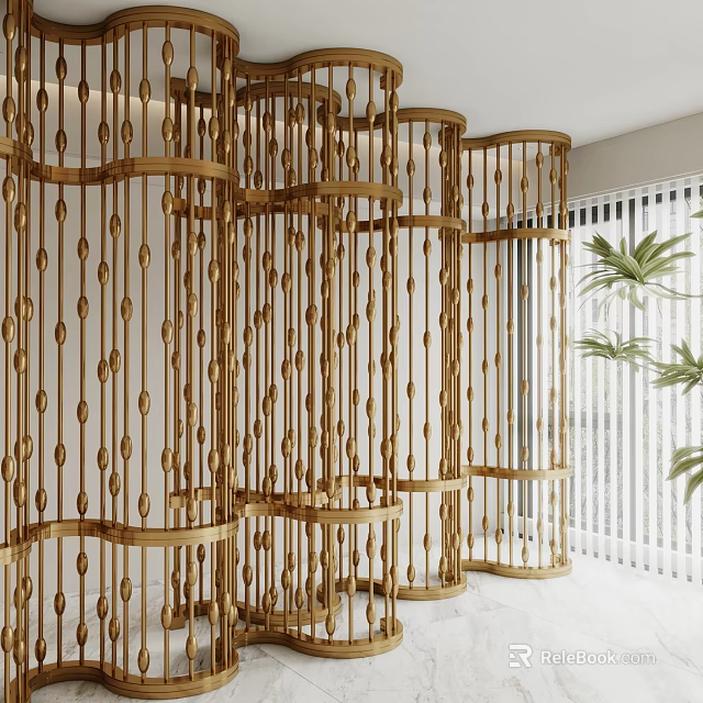 Elegant Golden Room Divider With Vertical Bars And Circular Decorations In Modern Interior 3d model 