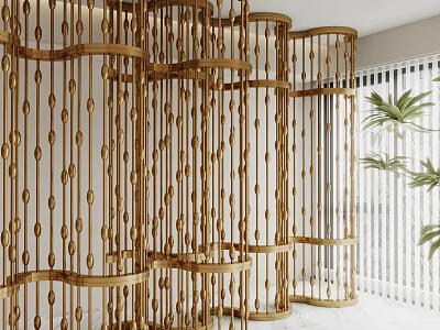 Elegant Golden Room Divider With Vertical Bars And Circular Decorations In Modern Interior 3d model